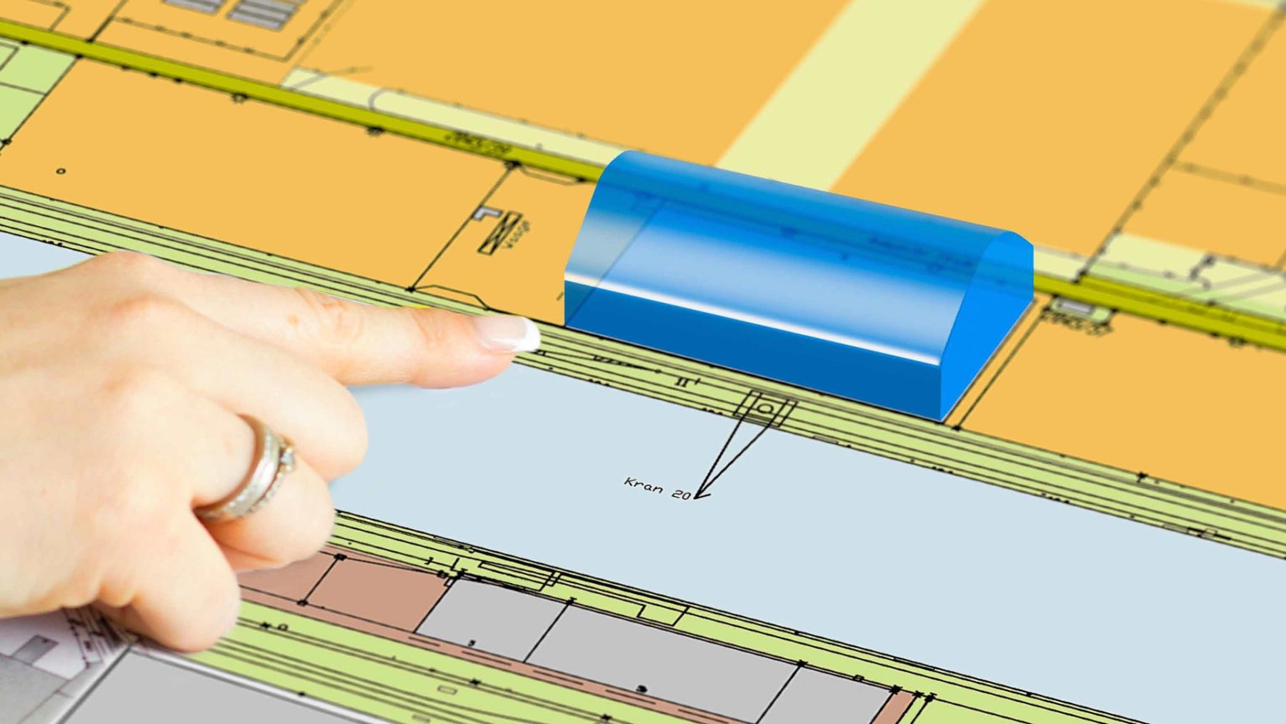 Finger deutet auf Virtuelle Halle in einem Bauplan