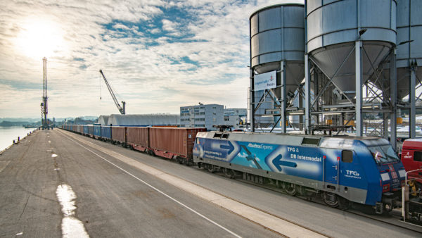 Container train at the quay in bayernhafen Passau